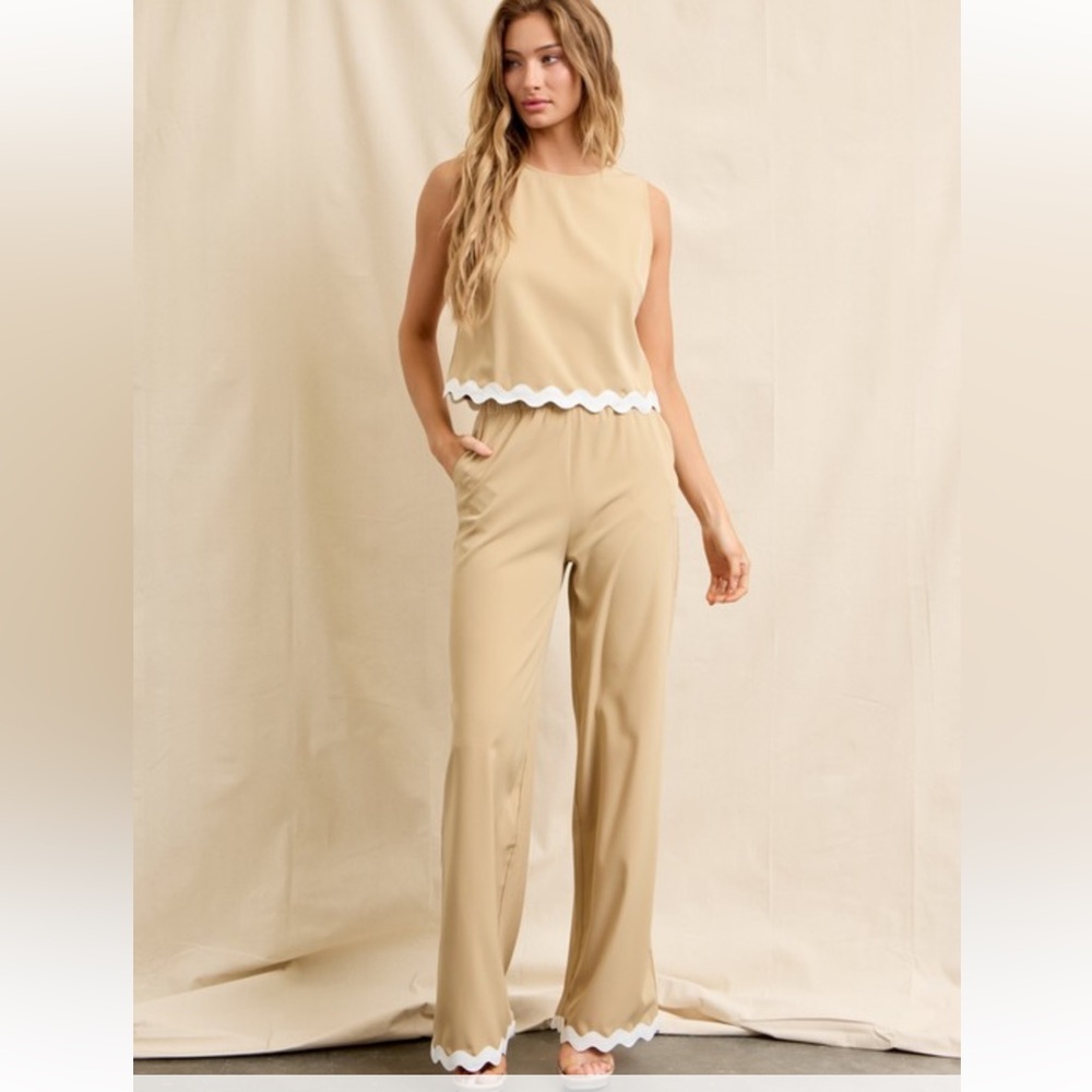 Beige Sleeveless Jumpsuit with White Scallop Trim